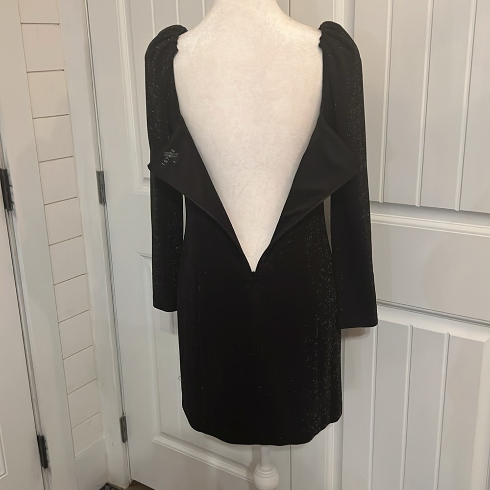1.State Square Neck Princess Seam Metallic Shimmer Black Cocktail Mini Dress - Picture 6 of 10
